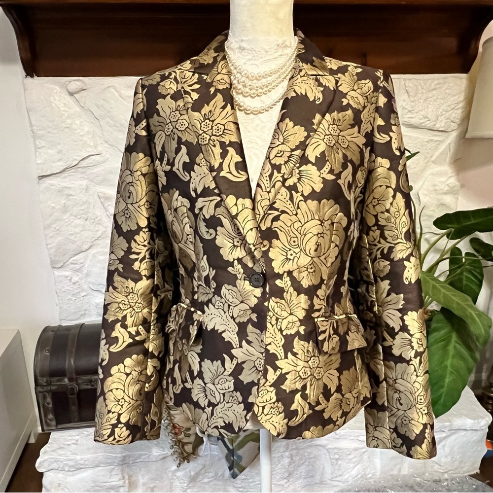 New York & Company Metallic Gold Floral Blazer Jacket Women’s Size 8